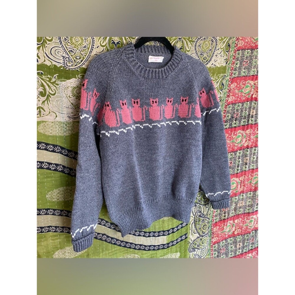 Handmade by Carol Gray/ Pink 100% Wool Cat Knit Sweater Size Small Teachercore - Picture 6 of 13